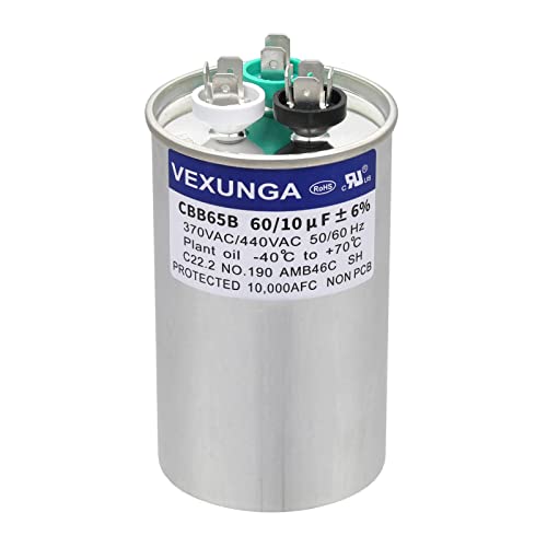 60/10 uF 60+10 MFD 370VAC or 440VAC Dual Run Start Round A/C Capacitor CBB65 CBB65B Air Conditioner Capacitors for AC Unit Fan Motor Start or Heat Pump or Condenser Straight Cool