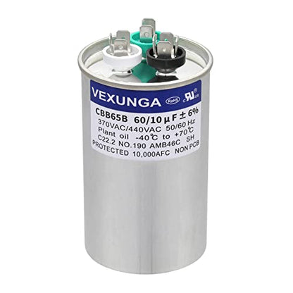 60/10 uF 60+10 MFD 370VAC or 440VAC Dual Run Start Round A/C Capacitor CBB65 CBB65B Air Conditioner Capacitors for AC Unit Fan Motor Start or Heat Pump or Condenser Straight Cool