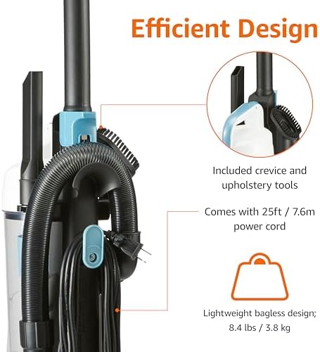 Amazon Basics Upright Bagless Vacuum Cleaner for Carpet and Hard Floors, With Crevice and Upholstery Tools, Detachable Handle, Lightweight (8.4 lbs), 1.7L Dust Cup, 720W, 25ft Cord, Black/White