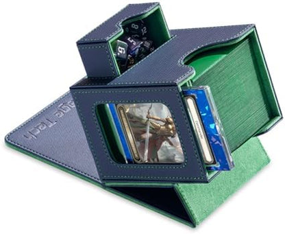 Card Deck Box for MTG Commander - Patented Design, Commander Display, Fits 100 Double-Sleeved Cards, 35pt Card Brick & Dice Tray - Blue/Green