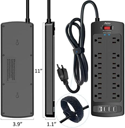 Power Strip, ALESTOR Surge Protector with 12 Outlets and 4 USB Ports, 6 Feet Extension Cord (1875W/15A), 2700 Joules, ETL Listed, Black