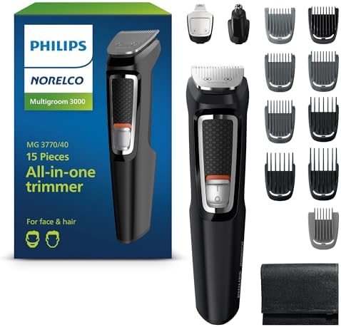 Norelco Philips Multigroom 3000 Series, All-in-One Trimmer, Beard Trimmer and Hair Clipper, 15-Piece Men's Grooming Kit for Head, Beard, Face, Nose, Ears, No Blade Oil Needed, Soft Pouch, MG3770/40