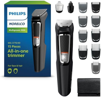 Norelco Philips Multigroom 3000 Series, All-in-One Trimmer, Beard Trimmer and Hair Clipper, 15-Piece Men's Grooming Kit for Head, Beard, Face, Nose, Ears, No Blade Oil Needed, Soft Pouch, MG3770/40