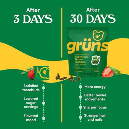 Gruns Adult Sugar-Free Super Greens Gummies, Superfood Gummy Bears with Spirulina, Chlorella, Fiber & Prebiotics for Digestive Health, Adaptogens Supplement with 20 Vitamins & Minerals, 28 Packets