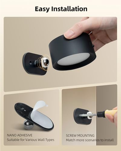 LED Wall Mounted Lights, Rechargeable Wall Sconces Lamp, 3 Color Temps & Remote and Touch, 360°Rotation Dimmable Cordless Wall Light for Study Bedroom Reading Bedside(Black, 2 Pack)