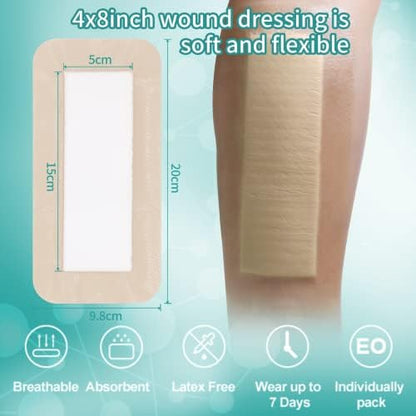 Dimora Silicone Foam Dressing with Border Adhesive 4"x8" Waterproof Wound Dressing Bandage for Wound Care 5 Pack