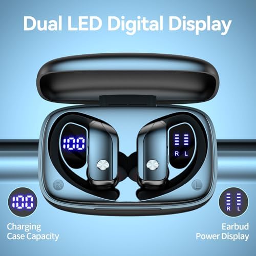 bmani Wireless Earbuds Bluetooth Headphones 48hrs Play Back Sport Earphones with LED Display Over-Ear Buds with Earhooks Built-in Mic Headset for Workout Black