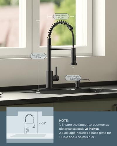 FORIOUS Black Kitchen Faucet with Pull Down Sprayer, Stainless Steel Commercial Single Handle Classic Spring Pull Out Kitchen Sink Faucet for Pot Filler, Farmhouse Camper Bar Laundry Room