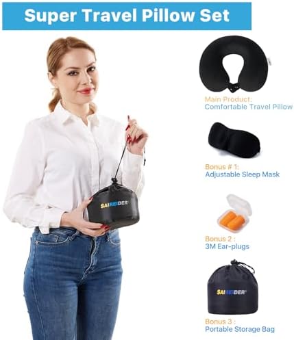 SAIREIDER Neck Pillows for Travel 100% Memory Foam Adjustable Travel Pillows with Storage Bag, Sleep Mask and Earplugs-Prevent The Heads from Falling Forward (Black)
