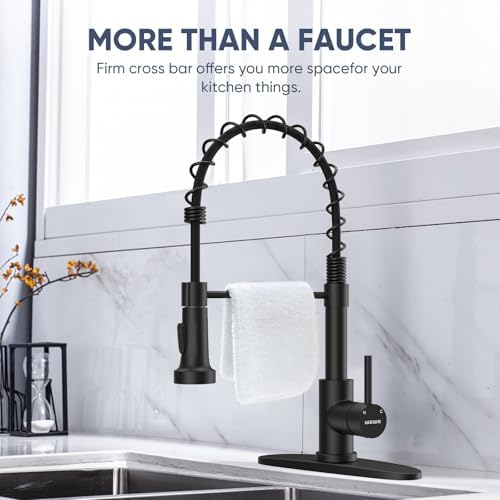 Kitchen Faucets with Pull Down Sprayer Commercial Industrial Stainless Steel Single Handle Single Hole Spring Farmhouse RV Sink Faucet, Matte Black Kitchen Faucet for Laundry Utility Room Sink
