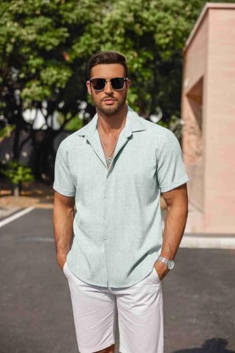 COOFANDY Men's Linen Shirts Short Sleeve Casual Shirts Button Down Shirt for Men Beach Summer Wedding Shirt