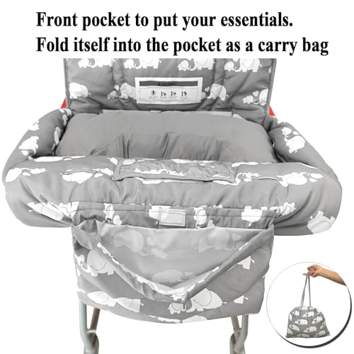 Soft Pillow Attached 2-in-1 Shopping Cart and High Chair Cover for Baby, Cotton Padded Cart Cover, Fold'n Roll Style, Portable with Carry Bag (Gray Elephant)