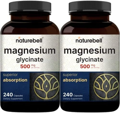 NatureBell Magnesium Glycinate 500mg, 480 Capsules (2 Pack) | 100% Chelated for Max Absorption | Muscle, Enzyme & Heart Support | Non-GMO, Gluten-Free