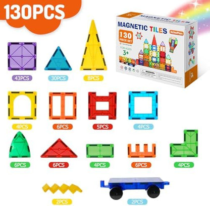 EchoPlan Magnetic Tiles, 130PCS Magnetic Blocks with 2 Cars, Magnet Tiles 3D Clear Building Blocks Set, STEM Sensory Educational Toys Gift for Toddlers Kids Boys 3 4 5 6 7 8 9+ Year Old