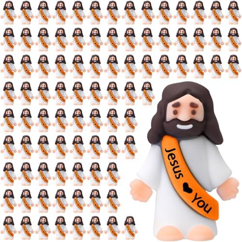 Bememo 100 Pcs Little Jesus Figures Jesus Loves You Original Design Rubber Pocket Toys Little Figures to Hide and Seek Sunday School Religious Party Share Gifts(Orange)