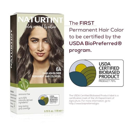 Naturtint 6A Dark Ash Blonde Permanent Hair Color (Pack of 1), Ammonia Free, Vegan, Cruelty Free, up to 100% Gray Coverage, Long Lasting Results (Packaging may vary)