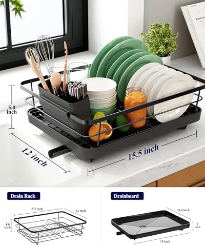 Kitsure Dish Drying Rack for Kitchen Counter, Stainless Steel Sink Organization and Storage Essentials with Cutlery Holder, Home and Appartment Decor, 12''W x 15.5''L, Black