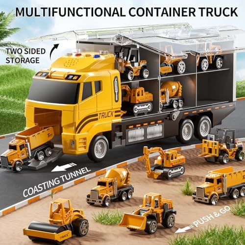 Toddler Boys Construction Truck Vehicle Toy Set with Play Mat, Die-Cast Toy Car Carrier Truck for Kids, Birthday Gifts Toys for 3-8 Year Old Boys