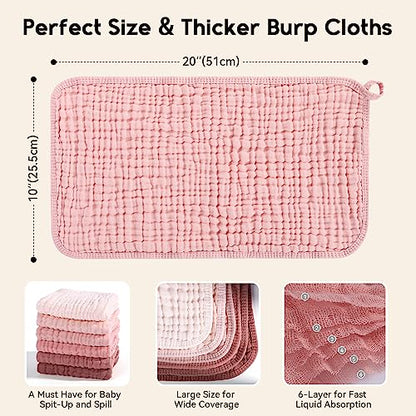 Muslin Burp Cloths for Baby 100% Cotton Burping Cloths for Boys Girls Large 20''X10'' Extra Soft and Absorbent 12 Pack - Gradient Pink