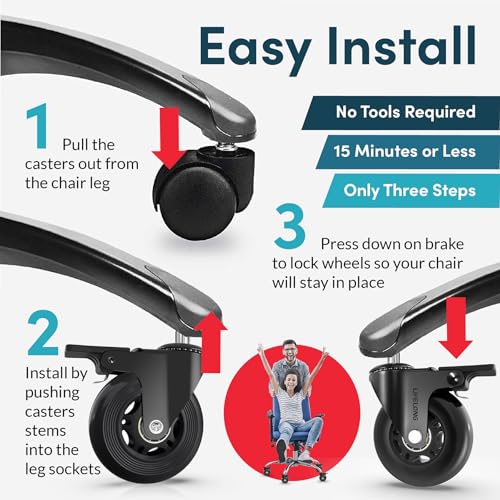 Lifelong Office Chair Wheels Replacement Rubber Desk Chair Casters for Hardwood Floors and Carpet, Set of 5, Quiet & Smooth Rolling Casters with Brakes for Chairs to Replace Office Chair Mats