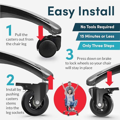 Lifelong Office Chair Wheels Replacement Rubber Desk Chair Casters for Hardwood Floors and Carpet, Set of 5, Quiet & Smooth Rolling Casters with Brakes for Chairs to Replace Office Chair Mats