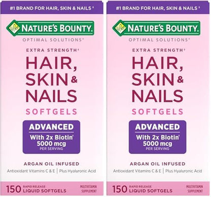 Nature's Bounty Advanced Hair, Skin & Nails, Argan-Infused Vitamin Supplement with Biotin and Hyaluronic Acid, 150 Rapid Release Softgels (Pack of 2)