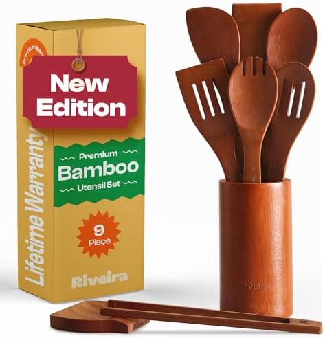 Riveira Premium Brown Bamboo Wooden Spoons for Cooking Set of 9 – Premium Brown Bamboo Wooden Cooking Utensils, Wooden Spatula, Wooden Spoon - Premium Quality Wooden Utensil Set for Non-Toxic Cooking