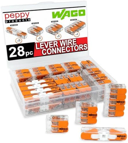 WAGO 221 Lever Nuts 28pc Compact Splicing Wire Connector Assortment with Case | Includes 221-2401, 221-412, 221-413, 221-415