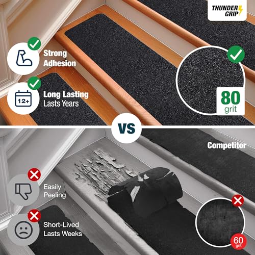 Outdoor Stair Treads Non Slip 30" x 6" - 12-Pack Weather Resistant Exterior Grip Tape for Wooden Steps - Non Slip Stair Treads - Anti Skid Strips - Waterproof 80-Grit Adhesive Treads by Thunder Grip