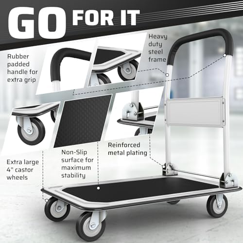 Upgraded Foldable Push Cart Dolly | 330 lbs. Capacity Moving Platform Hand Truck | Heavy Duty Space Saving Collapsible | Swivel Push Handle Flat Bed Wagon (White, 660 lbs. Capacity)