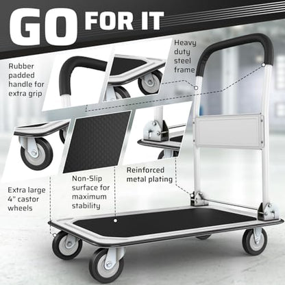 Upgraded Foldable Push Cart Dolly | 330 lbs. Capacity Moving Platform Hand Truck | Heavy Duty Space Saving Collapsible | Swivel Push Handle Flat Bed Wagon (White, 660 lbs. Capacity)