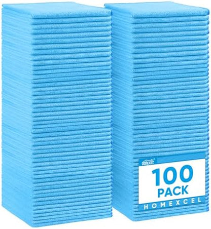 HOMEXCEL Blue Microfiber Cleaning Cloth, 100 Pack Cleaning Towels for Kitchen, Lint Free, Scratch-Free, Highly Absorbent, and Reusable Cleaning Rags for House, Window and Glass, Cars, 11.5 X11.5 inch