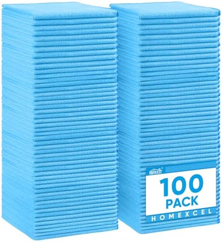 HOMEXCEL Blue Microfiber Cleaning Cloth, 100 Pack Cleaning Towels for Kitchen, Lint Free, Scratch-Free, Highly Absorbent, and Reusable Cleaning Rags for House, Window and Glass, Cars, 11.5 X11.5 inch