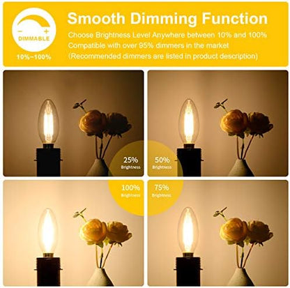 12-Pack Dimmable E12 LED Candelabra Bulbs 60W Equivalent, 2700K Soft Warm White, 600 Lumens B11 Candle Base 6W C35 LED Filament Vintage Light Bulbs, Clear Glass for Chandelier Ceiling Fan High CRI 90+