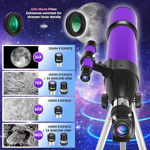 Telescope, Telescope for Adults & Kids & Astronomy Beginners, 80mm Aperture 600mm Portable Refractor Telescopes Fully Multi-Coated Optics with AZ Mount Tripod, Phone Adapter and Moon Filter