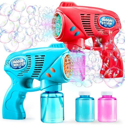 JOYIN 2 Bubble Guns with 2 Refill Solution (10 oz Total), Bubbles Maker, Blower, Machine Gun Blaster for Kids, Toddlers, Outdoors Activity, Party, Birthday Gift, Easter Toys (Blue+Red)