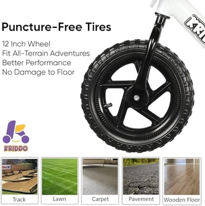 KRIDDO Toddler Balance Bike 2 Year Old, Age 24 Months to 5 Years Old, 12 Inch Push Bicycle with Customize Plate (3 Sets of Stickers Included), Gift Bike for 2-3 Boys Girls, White