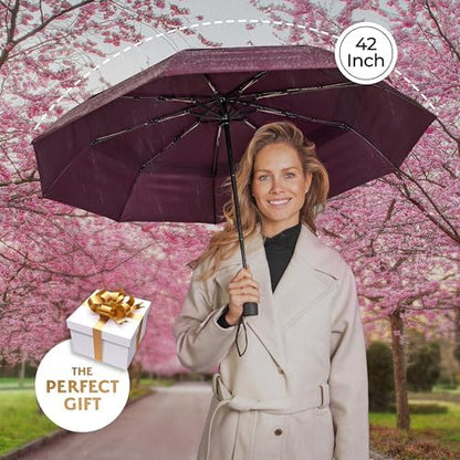 TUMELLA Strongest Windproof Travel Umbrella (Compact, Superior & Beautiful), Small Strong but Light Portable and Automatic Folding Rain Umbrella, Durable Premium Grip, Fits Car & Backpack