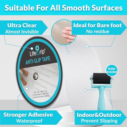 LifeGrip Transparent Anti Slip Tape, 4 inch by 40 feet, Non-Slip Traction Grip Tape to Tubs, Boats, Stairs, Clear, Soft, Comfortable for Bare feet (4" X 40' Tape)