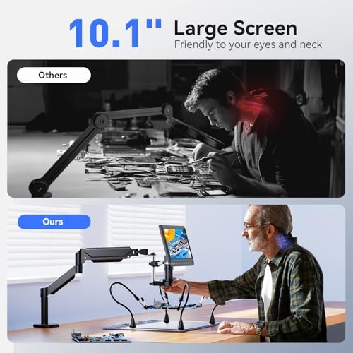 TOMLOV DM702 Flex-S 10.1" Digital Microscope with Soldering Helping Hands Station, Adults Coin Magnifying Glass with Flexible Boom Arm & Ring Light, USB Magnifier with Screen for Electronics Repair