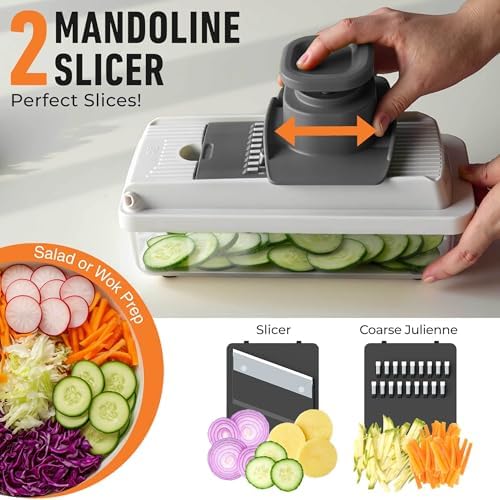 Mueller Vegetable Chopper Mandoline Slicer, Food Veggie Chopper, Cheese Grater, Onion Vegetable Cutter with Container, Dicer, Kitchen Gadgets & Essentials, White Sand/Grey