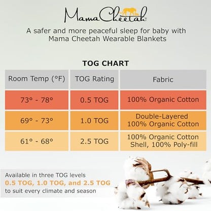 Mama Cheetah Baby Sleep Sack 0.5 TOG, Organic Cotton Baby Wearable Blanket with Two-Way Zipper, Swaddle Transition Baby Sleeping Bag for Newborn Infant Toddler Boy Girl, 6-12 Months