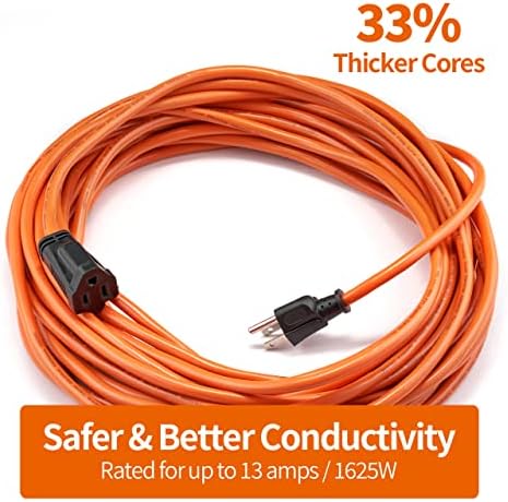 KTMC 25ft 16AWG Outdoor Extension Cord, Indoor/Outdoor 25-Foot SJTW 16/3 Gauge Extension Cable with Durable Weatherproof PVC Vinyl Jacket, 3-Prong Grounded Plug, ETL Certified 13A 1625W, Orange