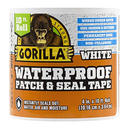 Gorilla Waterproof Patch & Seal Tape, White Tape, 4" x 10' (Pack of 4) - Permanent Weather Resistant Seal for Leaks and Repairs