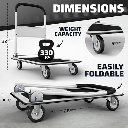 Heavy Duty Foldable Push Cart Dolly | 330 lbs. Capacity | Upgraded Collapsible Hand Truck Platform with Swivel Wheels | Flat Bed Moving Wagon | Space Saving Push Handle (White)