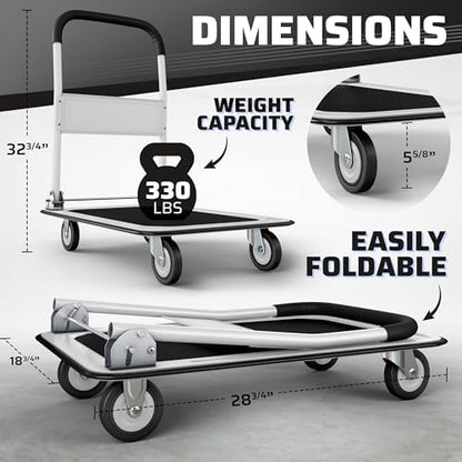 Heavy Duty Foldable Push Cart Dolly | 330 lbs. Capacity | Upgraded Collapsible Hand Truck Platform with Swivel Wheels | Flat Bed Moving Wagon | Space Saving Push Handle (White)