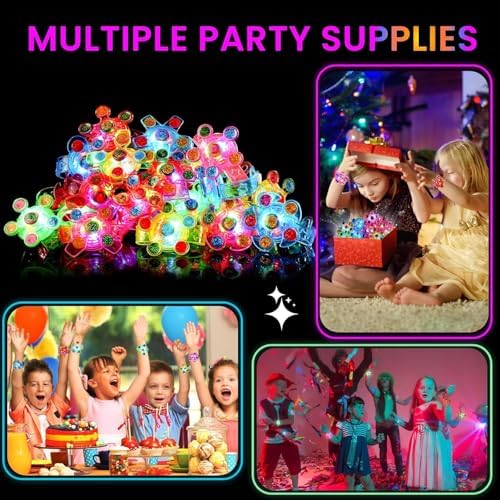 SCIONE 48 Pack LED Light Up Fidget Spinner Bracelets, Glow in The Dark Party Favors for Kids 4-8 8-12, Treasure Box Toys, Birthday Gifts, Carnival Prizes, Goodie Bags Stuffers for Kids
