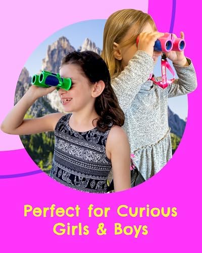 Kids Binoculars 8x21 Purple- Girls Age 3-12, Shock Proof Compact Binoculars Child Set- Neck Strap, Compass, Carabiner, Case, High-Resolution Bird Watching Optics Child Gift CampingToy Travel