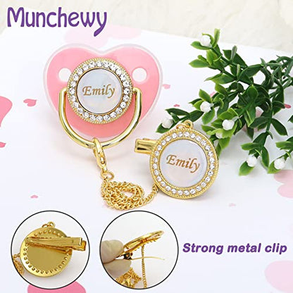 Personalized Pacifier with Name, Bling Gold Pacifier Clip Set with Gift Box Greeting Card, Glitter Crystal Luxurious Soother Dummy Ideal Gift for Boys Baby Shower Newborn Photography(Gold)