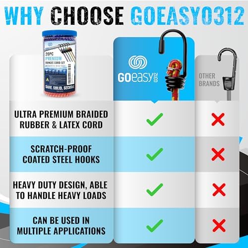GOEASY0312 Premium Bungee Cords Heavy Duty - 20 pcs Bungee Cords with Hooks in A Storage Jar Includes 10", 18", 24", 30", 36", 48" Bungie Cord Bundle